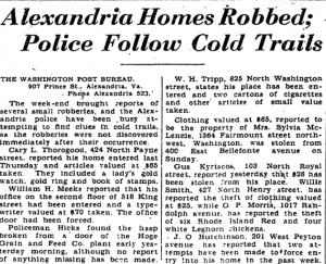 Figure 1 Washington Post Bureau "Alexandria Homes Robbed; Police Follow Cold Trail." Sept 8, 1931, pg. 10.
